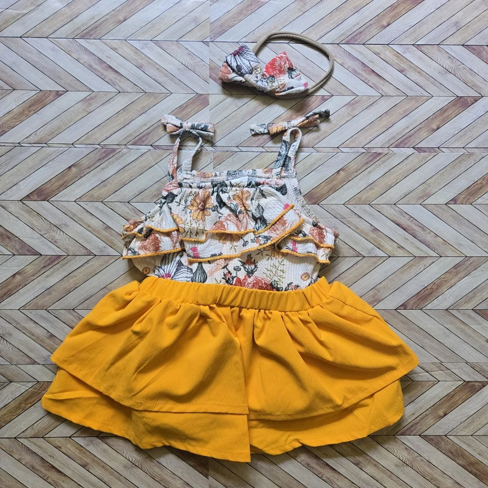 Girls Boho Floral Ruffle Outfit Set Mustard Tiered Skirt & Matching Bow Headband